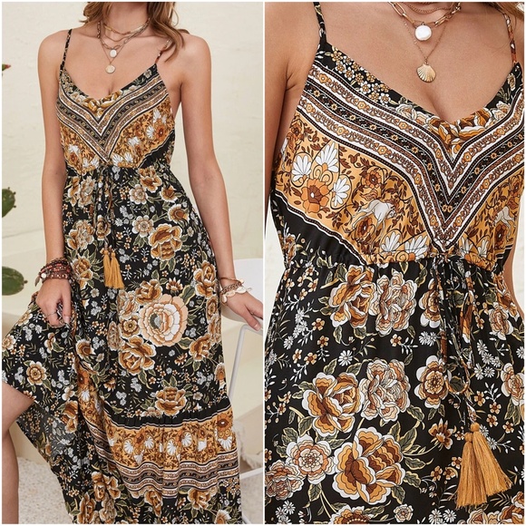 Boho Floral Print Cottagecore Cami maxi Dress - Picture 7 of 8